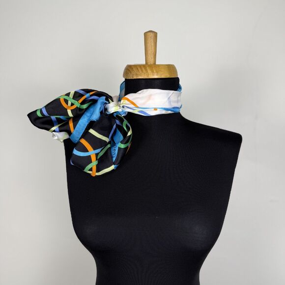 Vintage Long 100% Silk Geometric, Abstract Scarf | Aqua, Black & Ivory - Picture 1 of 10